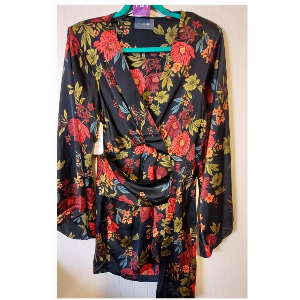 Hudson Grey Dress Womens Small Black Floral Satin V-Neck Long Sleeve Mini